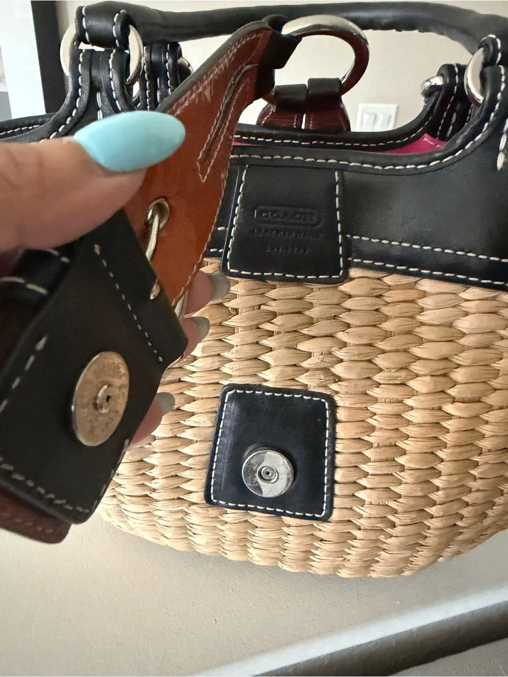 Coach Straw Tote with Black Trim and Pink Interior Accent - Picture 4 of 13